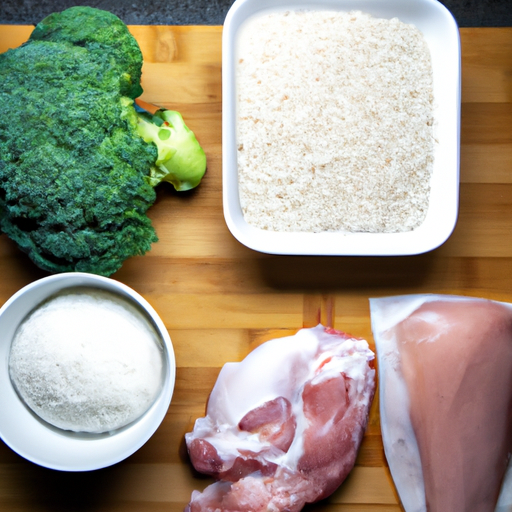 The key ingredients for a healthy keto meal, including chicken thighs, broccoli, and cauliflower rice.