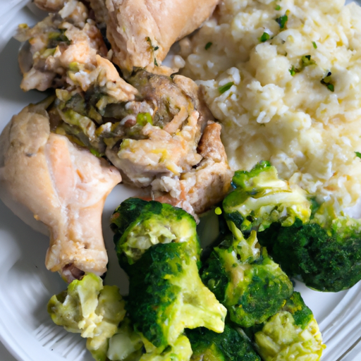 A delicious and nutritious keto meal featuring chicken thighs, broccoli, and cauliflower rice.